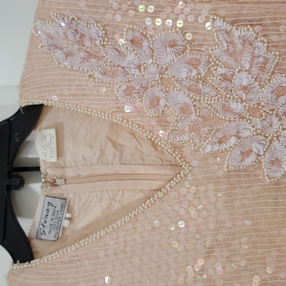 Vintage Stenay Pastel Pink Peach Lace Sequin Glitter Peplum Shir - Picture 4 of 6